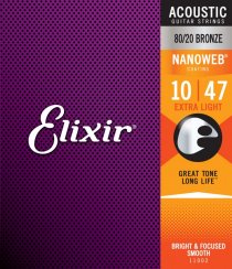 Elixir 11002 Nanoweb 80/20 Bronze 10-47 - Struny pro akustickou kytaru