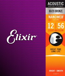 Elixir 11077 NanoWeb 80/20 Bronze 12-56 - Struny pre akustickú gitaru