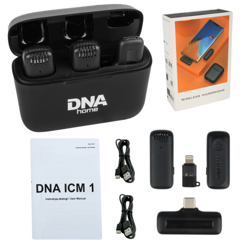 DNA ICM1 - Sada na nahrávání zvuku na smartphone, 2 bezdrátové klopové mikrofony, přijímač USB-C, adaptér Lightning DNA ICM1 - Sada na nahrávání zvuku na smartphone, 2 bezdrátové klopové mikrofony, přijímač USB-C, adaptér Lightning