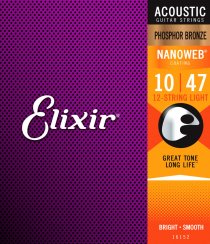 Elixir 16152 NanoWeb  Phosphor Bronze 10-47 - Struny do 12-strunowej gitary akustycznej